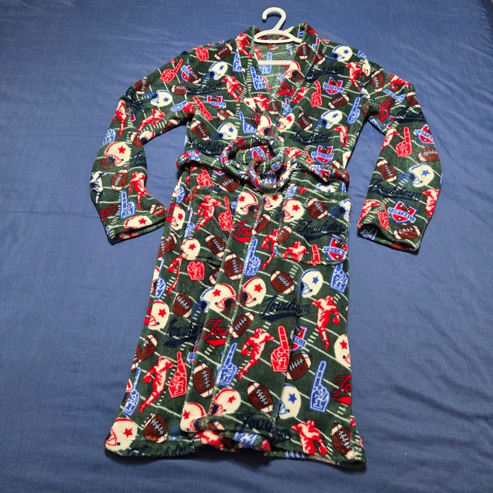 Unbranded Football Print Robe Boys Size L Green Excellent Fleece Tie Waist